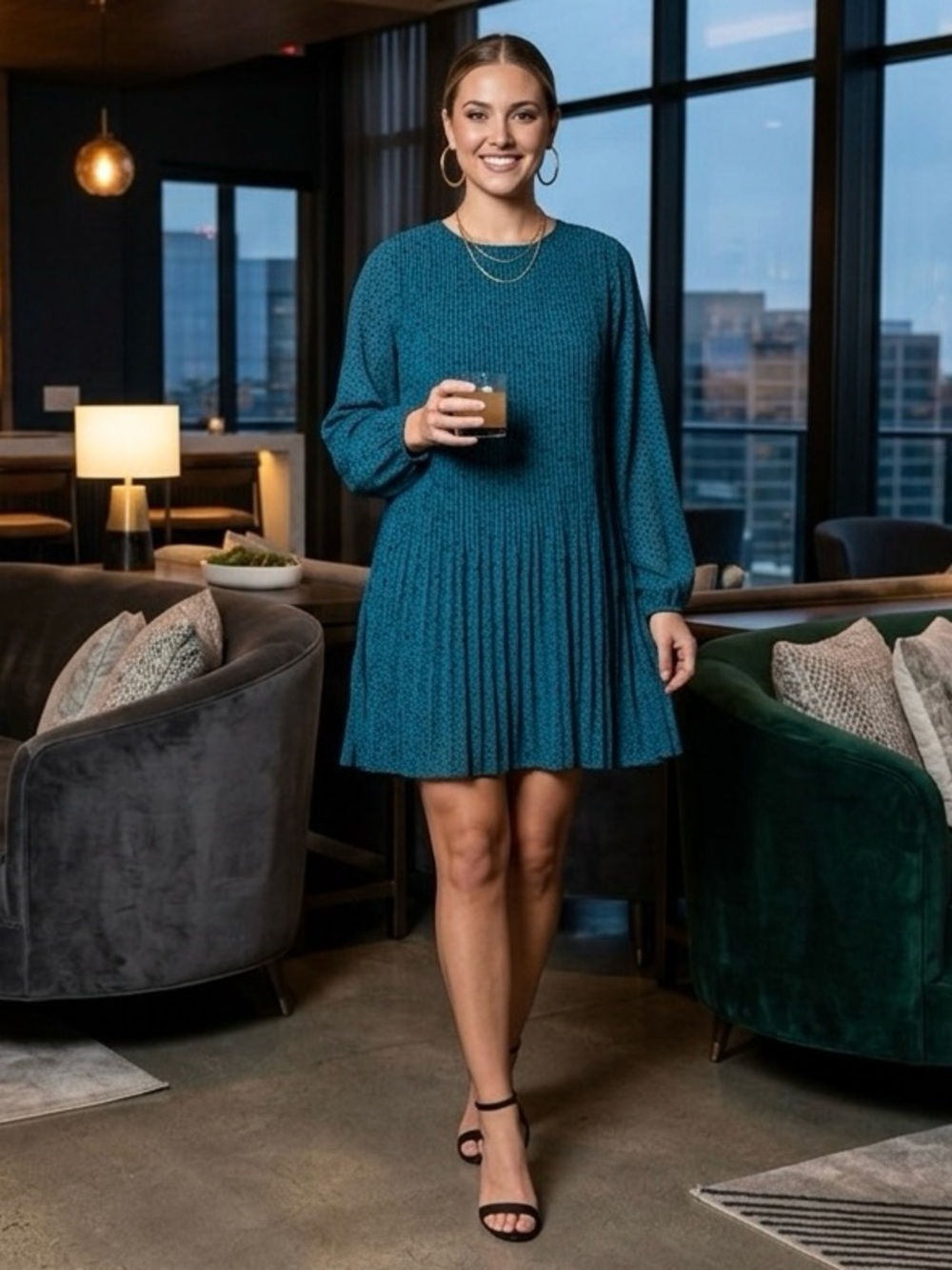 Ophelia Roe Teal Pleated Long-Sleeve Mini Dress